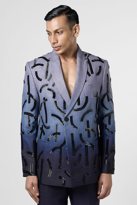 Shop_Line Out Line_Blue Linen Embroidery Nalki Ombre Stucco Blazer_Online_at_Aza_Fashions