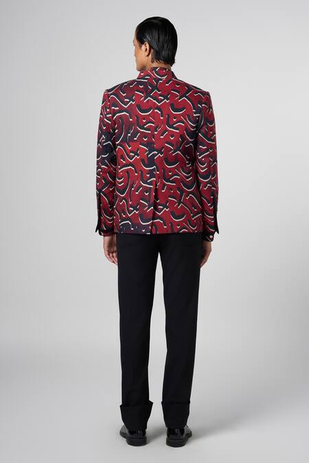 Shop Line Out Line Red Matka Cotton Print Fissure Stucco Asymmetric Bandhgala at Aza Fashions Shop_Line Out Line_Red Matka Cotton Print Fissure Stucco Asymmetric Bandhgala_at_Aza_Fashions