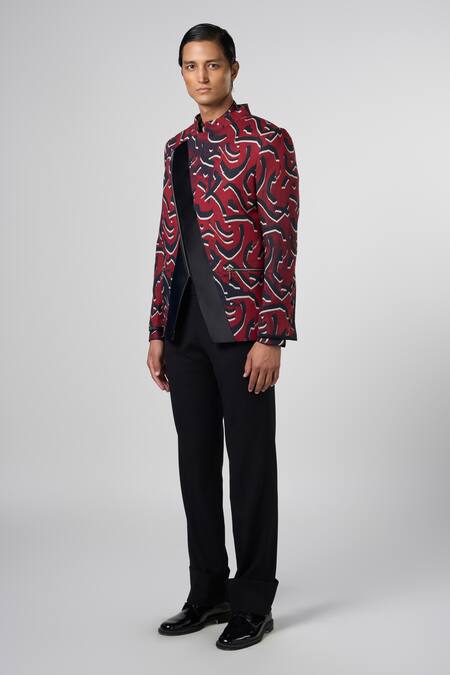 Line Out Line Red Matka Cotton Print Fissure Stucco Asymmetric Bandhgala Online at Aza Fashions Line Out Line_Red Matka Cotton Print Fissure Stucco Asymmetric Bandhgala_Online_at_Aza_Fashions