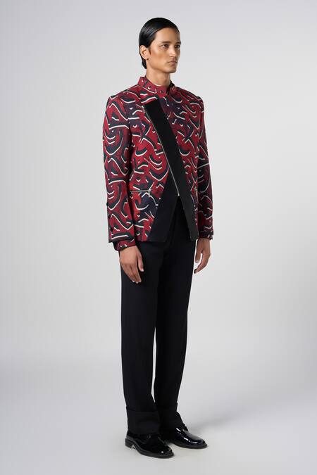 Buy Line Out Line Red Matka Cotton Print Fissure Stucco Asymmetric Bandhgala Online at Aza Fashions Buy_Line Out Line_Red Matka Cotton Print Fissure Stucco Asymmetric Bandhgala_Online_at_Aza_Fashions