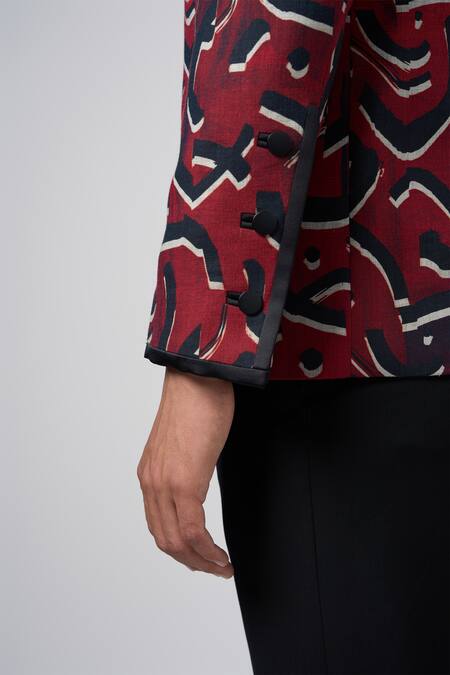 Shop Line Out Line Red Matka Cotton Print Fissure Stucco Asymmetric Bandhgala Online at Aza Fashions Shop_Line Out Line_Red Matka Cotton Print Fissure Stucco Asymmetric Bandhgala_Online_at_Aza_Fashions