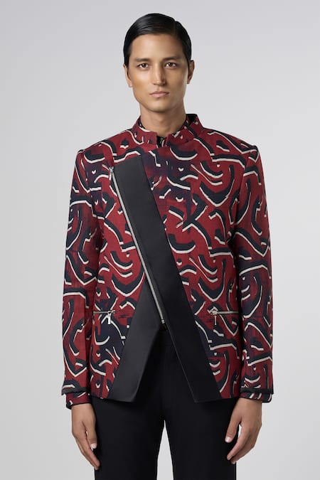 Line Out Line Red Matka Cotton Print Fissure Stucco Asymmetric Bandhgala at Aza Fashions Line Out Line_Red Matka Cotton Print Fissure Stucco Asymmetric Bandhgala_at_Aza_Fashions