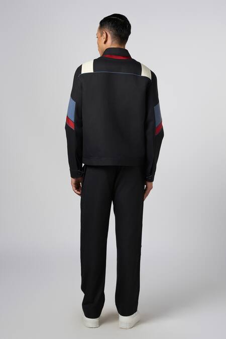 Shop Line Out Line Black Matka Cotton Cut And Sew & Detail Biker Jacket at Aza Fashions Shop_Line Out Line_Black Matka Cotton Cut And Sew & Detail Biker Jacket_at_Aza_Fashions