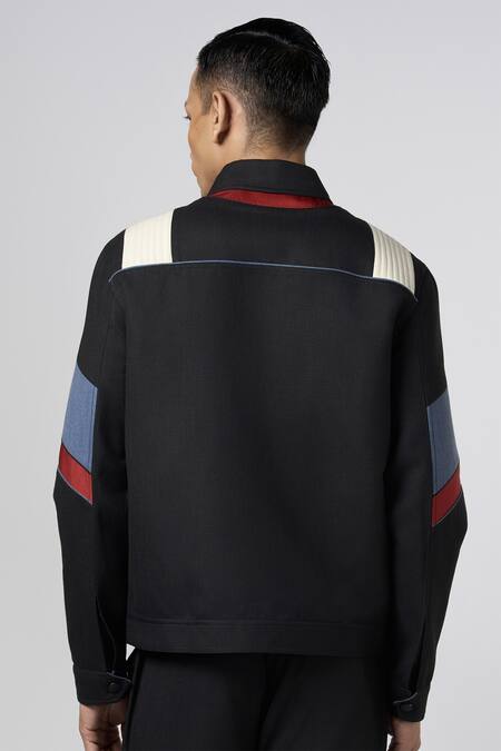 Shop Line Out Line Black Matka Cotton Cut And Sew & Detail Biker Jacket Online at Aza Fashions Shop_Line Out Line_Black Matka Cotton Cut And Sew & Detail Biker Jacket_Online_at_Aza_Fashions