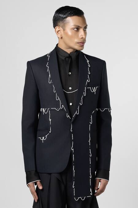 Line Out Line Black Matka Cotton Embroidery Bead String Blazer Online at Aza Fashions Line Out Line_Black Matka Cotton Embroidery Bead String Blazer_Online_at_Aza_Fashions