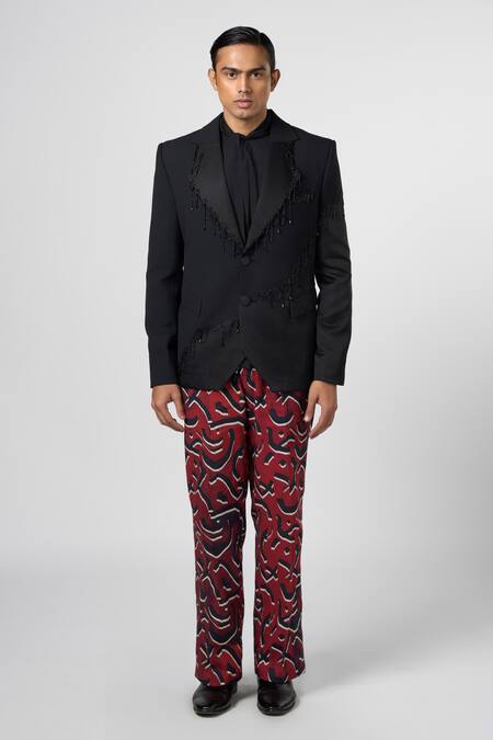 Line Out Line Black Stretchable Suiting Embroidery Bead String Fringed Embellished Blazer Online at Aza Fashions Line Out Line_Black Stretchable Suiting Embroidery Bead String Fringed Embellished Blazer_Online_at_Aza_Fashions