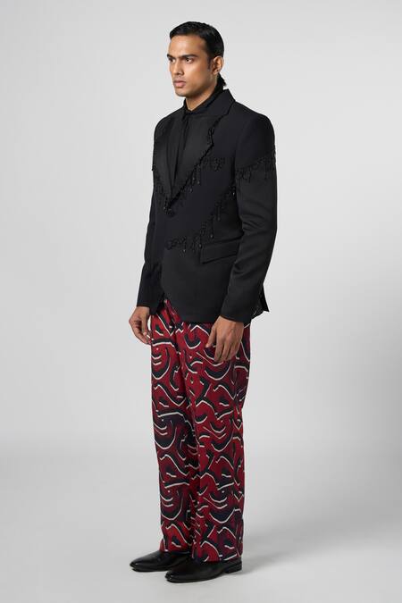 Buy Line Out Line Black Stretchable Suiting Embroidery Bead String Fringed Embellished Blazer Online at Aza Fashions Buy_Line Out Line_Black Stretchable Suiting Embroidery Bead String Fringed Embellished Blazer_Online_at_Aza_Fashions