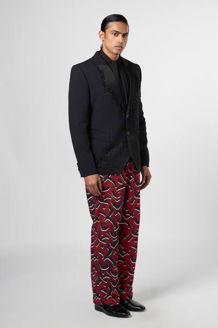 Shop Line Out Line Black Stretchable Suiting Embroidery Bead String Fringed Embellished Blazer Online at Aza Fashions Shop_Line Out Line_Black Stretchable Suiting Embroidery Bead String Fringed Embellished Blazer_Online_at_Aza_Fashions