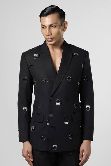 Shop Line Out Line Black Matka Cotton Embroidery Pitta And Bead Blazer Online at Aza Fashions Shop_Line Out Line_Black Matka Cotton Embroidery Pitta And Bead Blazer_Online_at_Aza_Fashions