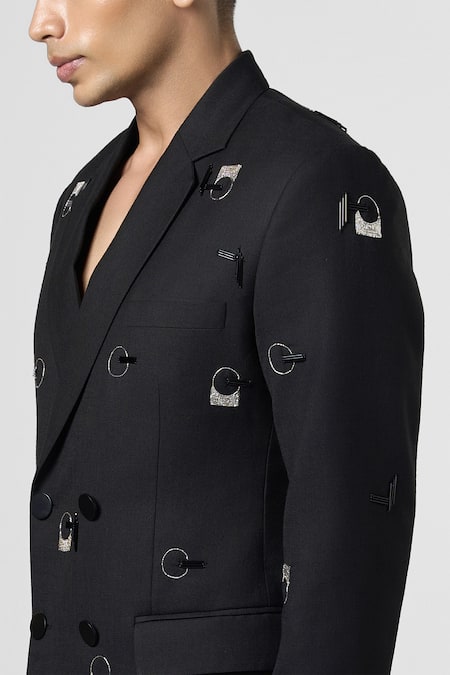 Line Out Line Black Matka Cotton Embroidery Pitta And Bead Blazer at Aza Fashions Line Out Line_Black Matka Cotton Embroidery Pitta And Bead Blazer_at_Aza_Fashions