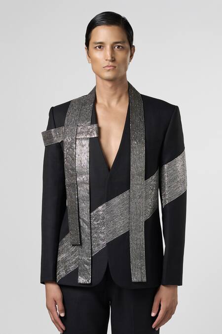 Line Out Line_Black Matka Cotton Embroidery Pitta Blazer_Online_at_Aza_Fashions