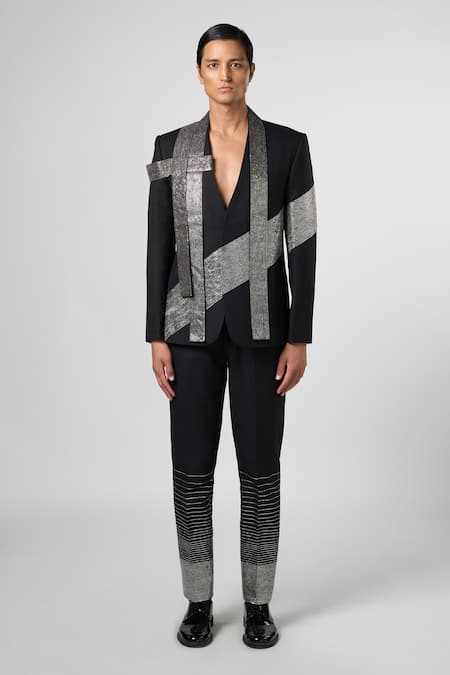 Buy_Line Out Line_Black Matka Cotton Embroidery Pitta Blazer_Online_at_Aza_Fashions