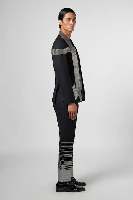 Shop_Line Out Line_Black Matka Cotton Embroidery Pitta Blazer_Online_at_Aza_Fashions