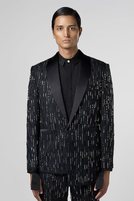 Line Out Line Black Matka Cotton Embroidery Beads Nightlife Banger Blazer Online at Aza Fashions Line Out Line_Black Matka Cotton Embroidery Beads Nightlife Banger Blazer_Online_at_Aza_Fashions