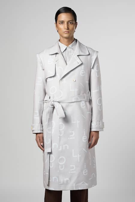 Buy Ivory Cotton Linen Print Alphabet Convertible Trench Coat For