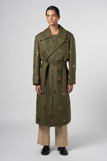 Line out line Bead & Stone Motif Embellished Trench Coat 