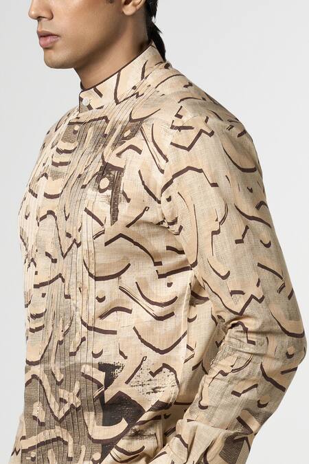 Line Out Line_Beige Cotton Linen Printed Stucco Kurta_Online_at_Aza_Fashions