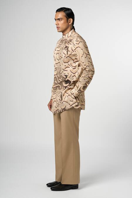 Buy_Line Out Line_Beige Cotton Linen Printed Stucco Kurta_Online_at_Aza_Fashions