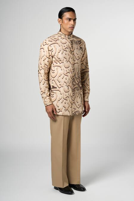 Shop_Line Out Line_Beige Cotton Linen Printed Stucco Kurta_Online_at_Aza_Fashions