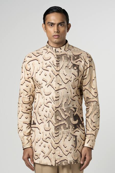 Line Out Line_Beige Cotton Linen Printed Stucco Kurta_at_Aza_Fashions