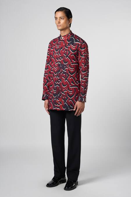 Line Out Line_Red Cotton Linen Printed Stucco Pintuck Kurta_Online_at_Aza_Fashions