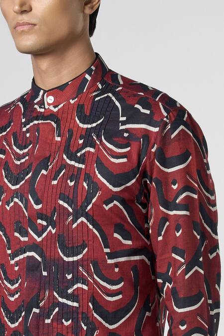 Buy_Line Out Line_Red Cotton Linen Printed Stucco Pintuck Kurta_Online_at_Aza_Fashions