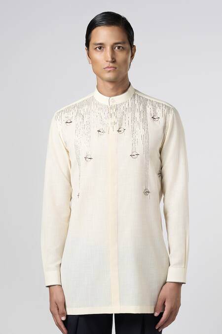 Line Out Line_Off White Matka Cotton Embroidery Bead Pitta Placement Kurta_Online_at_Aza_Fashions