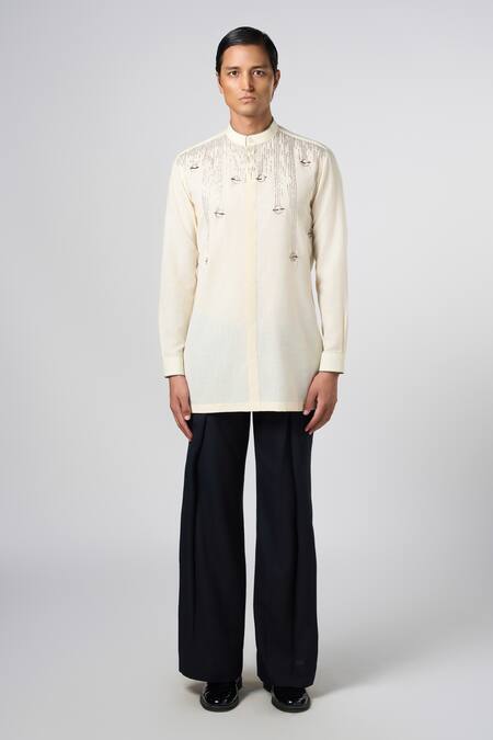 Shop_Line Out Line_Off White Matka Cotton Embroidery Bead Pitta Placement Kurta_Online_at_Aza_Fashions