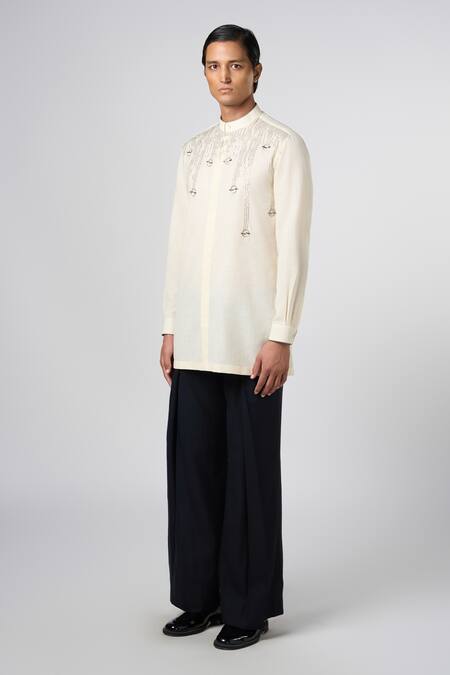 Line Out Line_Off White Matka Cotton Embroidery Bead Pitta Placement Kurta_at_Aza_Fashions