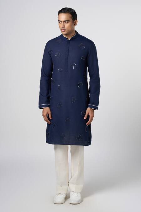 Line Out Line_Blue Matka Cotton Embroidery Bead Circular Placement Kurta_Online_at_Aza_Fashions