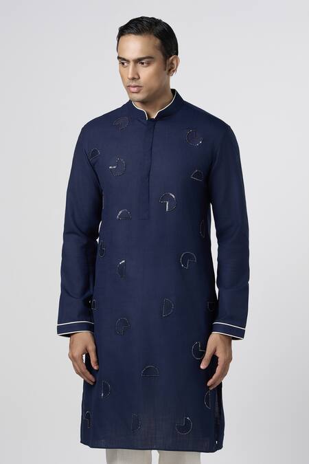 Buy_Line Out Line_Blue Matka Cotton Embroidery Bead Circular Placement Kurta_Online_at_Aza_Fashions