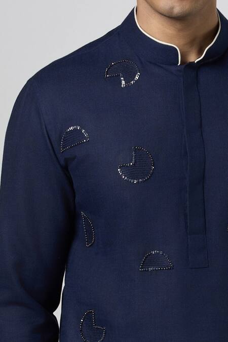 Shop_Line Out Line_Blue Matka Cotton Embroidery Bead Circular Placement Kurta_Online_at_Aza_Fashions