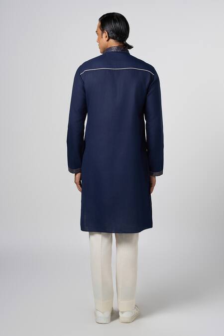 Shop Line Out Line Blue Matka Cotton Embroidery Pitta Scallop Placement Kurta at Aza Fashions Shop_Line Out Line_Blue Matka Cotton Embroidery Pitta Scallop Placement Kurta_at_Aza_Fashions