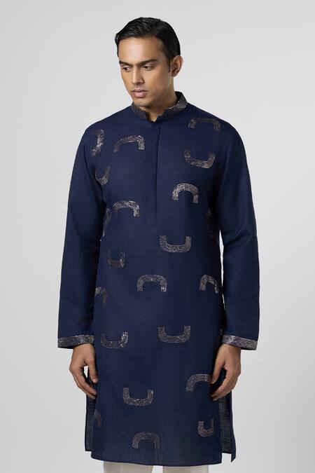 Line Out Line Blue Matka Cotton Embroidery Pitta Scallop Placement Kurta Online at Aza Fashions Line Out Line_Blue Matka Cotton Embroidery Pitta Scallop Placement Kurta_Online_at_Aza_Fashions