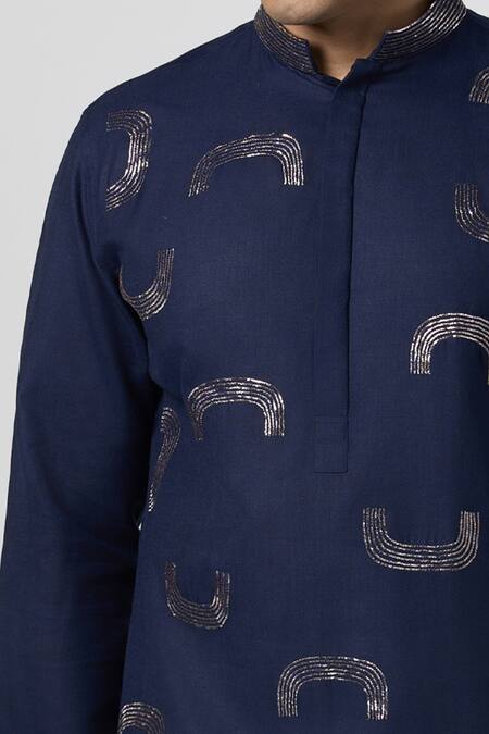 Buy Line Out Line Blue Matka Cotton Embroidery Pitta Scallop Placement Kurta Online at Aza Fashions Buy_Line Out Line_Blue Matka Cotton Embroidery Pitta Scallop Placement Kurta_Online_at_Aza_Fashions