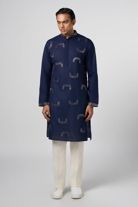 Shop Line Out Line Blue Matka Cotton Embroidery Pitta Scallop Placement Kurta Online at Aza Fashions Shop_Line Out Line_Blue Matka Cotton Embroidery Pitta Scallop Placement Kurta_Online_at_Aza_Fashions