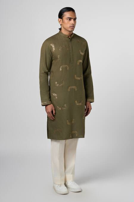 Line Out Line_Green Matka Cotton Embroidery Pitta Kurta_Online_at_Aza_Fashions