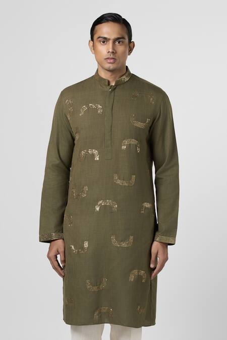 Shop_Line Out Line_Green Matka Cotton Embroidery Pitta Kurta_Online_at_Aza_Fashions