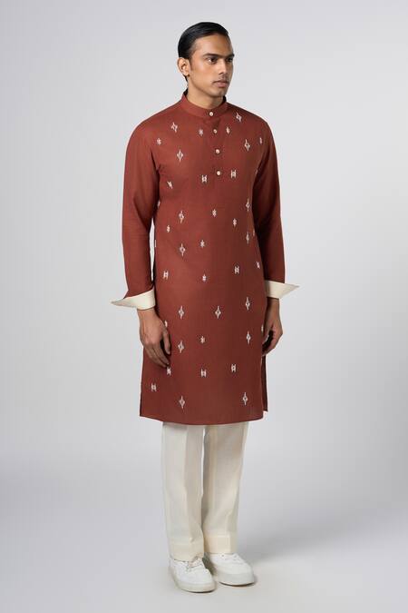 Line Out Line Brown Matka Cotton Embroidery Bead Stripe Kurta Online at Aza Fashions Line Out Line_Brown Matka Cotton Embroidery Bead Stripe Kurta_Online_at_Aza_Fashions