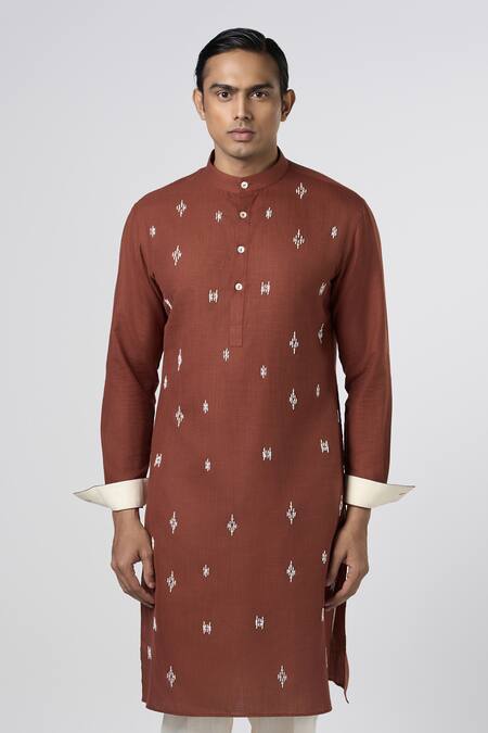 Buy Line Out Line Brown Matka Cotton Embroidery Bead Stripe Kurta Online at Aza Fashions Buy_Line Out Line_Brown Matka Cotton Embroidery Bead Stripe Kurta_Online_at_Aza_Fashions