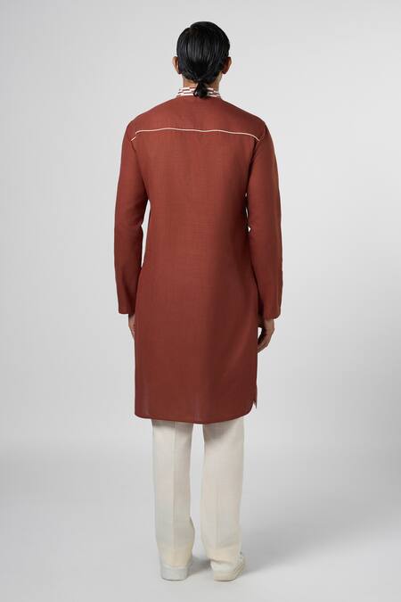 Line Out Line Brown Matka Cotton Embroidery Bead Stripe Kurta at Aza Fashions Line Out Line_Brown Matka Cotton Embroidery Bead Stripe Kurta_at_Aza_Fashions