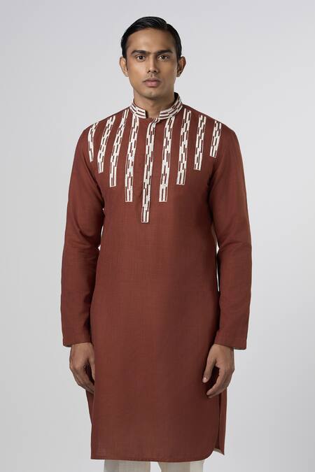 Line Out Line_Brown Matka Cotton Embroidery Aari Yoke Kurta_Online_at_Aza_Fashions