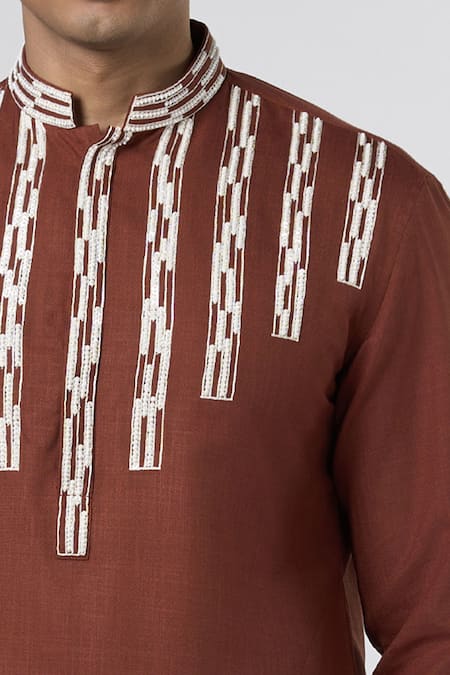Buy_Line Out Line_Brown Matka Cotton Embroidery Aari Yoke Kurta_Online_at_Aza_Fashions