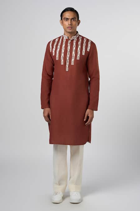 Shop_Line Out Line_Brown Matka Cotton Embroidery Aari Yoke Kurta_Online_at_Aza_Fashions