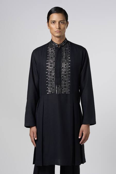 Line Out Line Black Matka Cotton Embroidery Pitta Yoke Kurta Online at Aza Fashions Line Out Line_Black Matka Cotton Embroidery Pitta Yoke Kurta_Online_at_Aza_Fashions