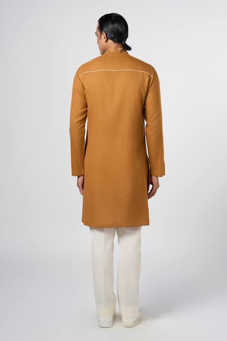 Shop Line Out Line Yellow Matka Cotton Embroidery Pitta Placement Kurta at Aza Fashions Shop_Line Out Line_Yellow Matka Cotton Embroidery Pitta Placement Kurta_at_Aza_Fashions