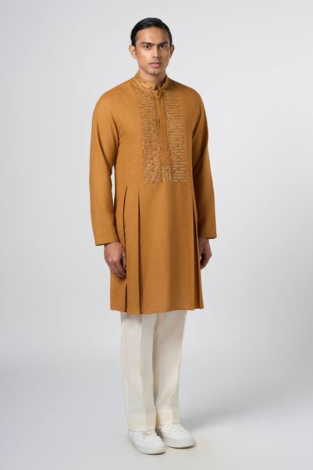 Line Out Line Yellow Matka Cotton Embroidery Pitta Placement Kurta Online at Aza Fashions Line Out Line_Yellow Matka Cotton Embroidery Pitta Placement Kurta_Online_at_Aza_Fashions