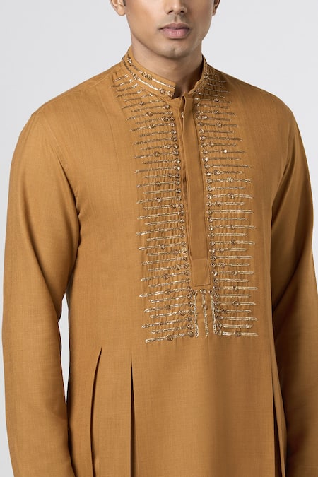 Shop Line Out Line Yellow Matka Cotton Embroidery Pitta Placement Kurta Online at Aza Fashions Shop_Line Out Line_Yellow Matka Cotton Embroidery Pitta Placement Kurta_Online_at_Aza_Fashions