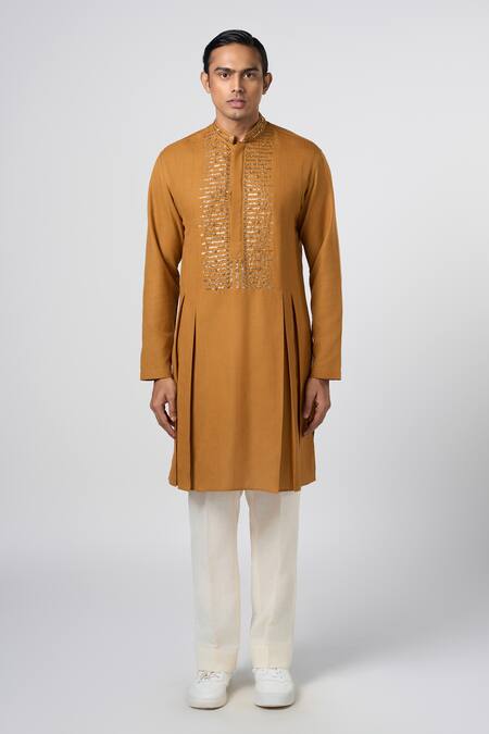 Line Out Line Yellow Matka Cotton Embroidery Pitta Placement Kurta at Aza Fashions Line Out Line_Yellow Matka Cotton Embroidery Pitta Placement Kurta_at_Aza_Fashions