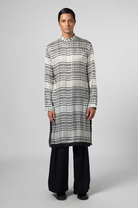 Line Out Line_Black Gajji Silk Printed Checkered Kurta_Online_at_Aza_Fashions